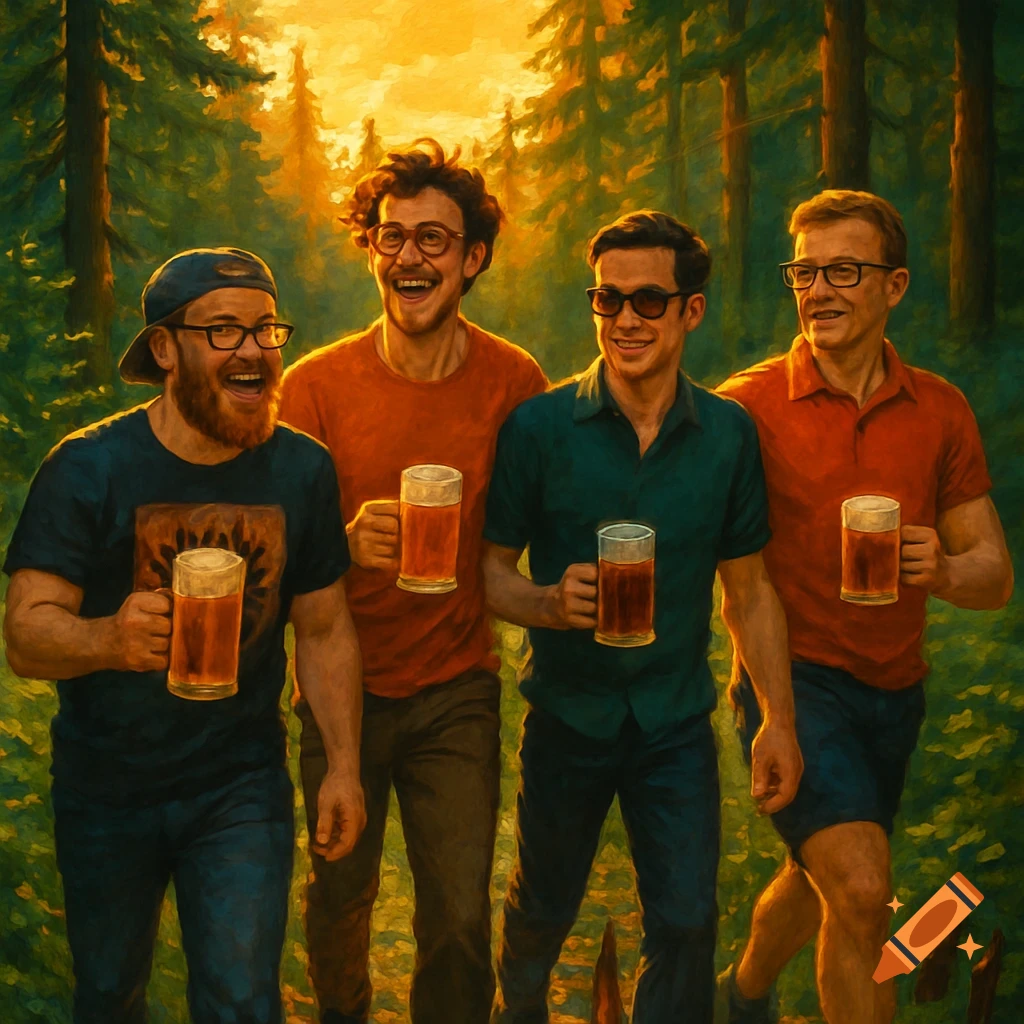 Four men laugh and smile, holding mugs of beer, walking through a sunlit forest at sunset in a painterly style.