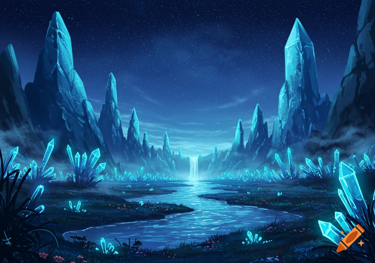 A fantastical blue landscape at night with glowing crystals, a river, and towering crystal mountains under a starry sky.