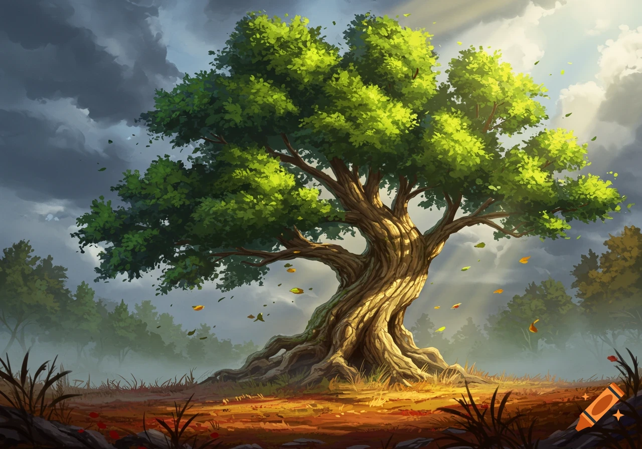 Vibrant, gnarled tree in a dramatic forest landscape with sunlight through dark clouds, falling leaves on reddish ground, painterly.