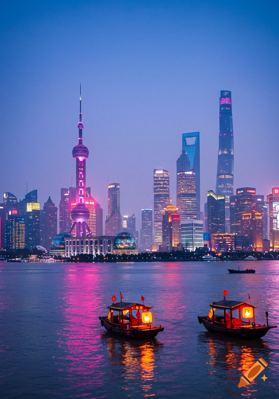 Shanghai cityscape at night with illuminated skyscrapers, the Oriental Pearl TV Tower, and two boats with glowing lanterns on the river.