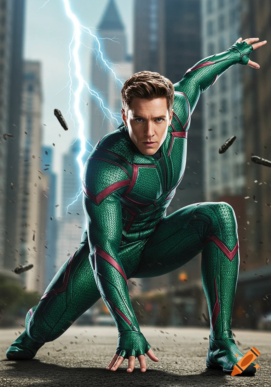 A male superhero in a green and red suit crouches dynamically on a street with a lightning bolt behind him in a city.