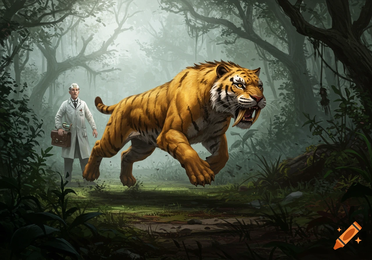 A powerful saber-tooth tiger leaps through a misty jungle with a doctor in a lab coat standing nearby. Digital illustration.