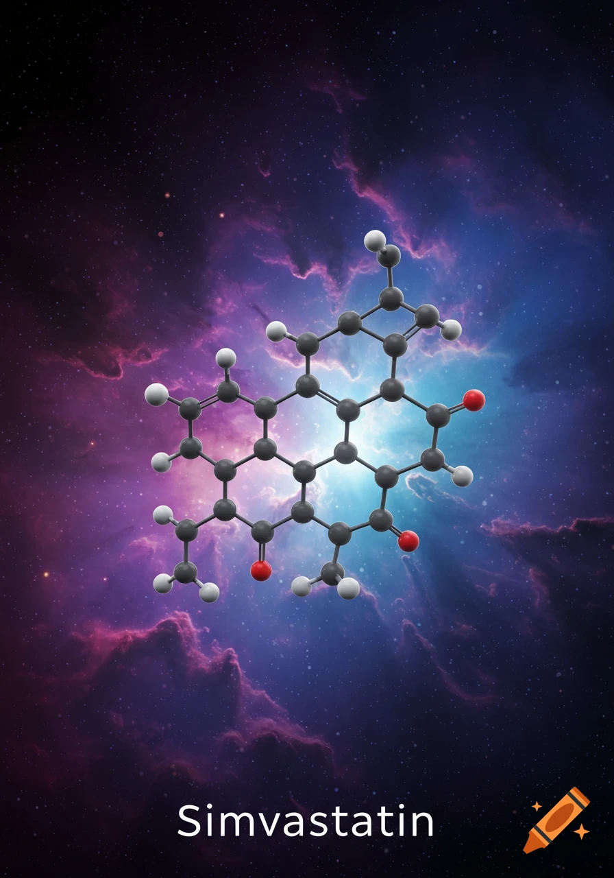 3D rendering of the Simvastatin chemical structure floating in a purple and blue nebula in space.