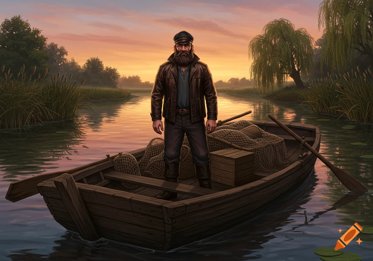 Illustrated man with beard and captain's cap standing in a fishing boat on a river at sunset.