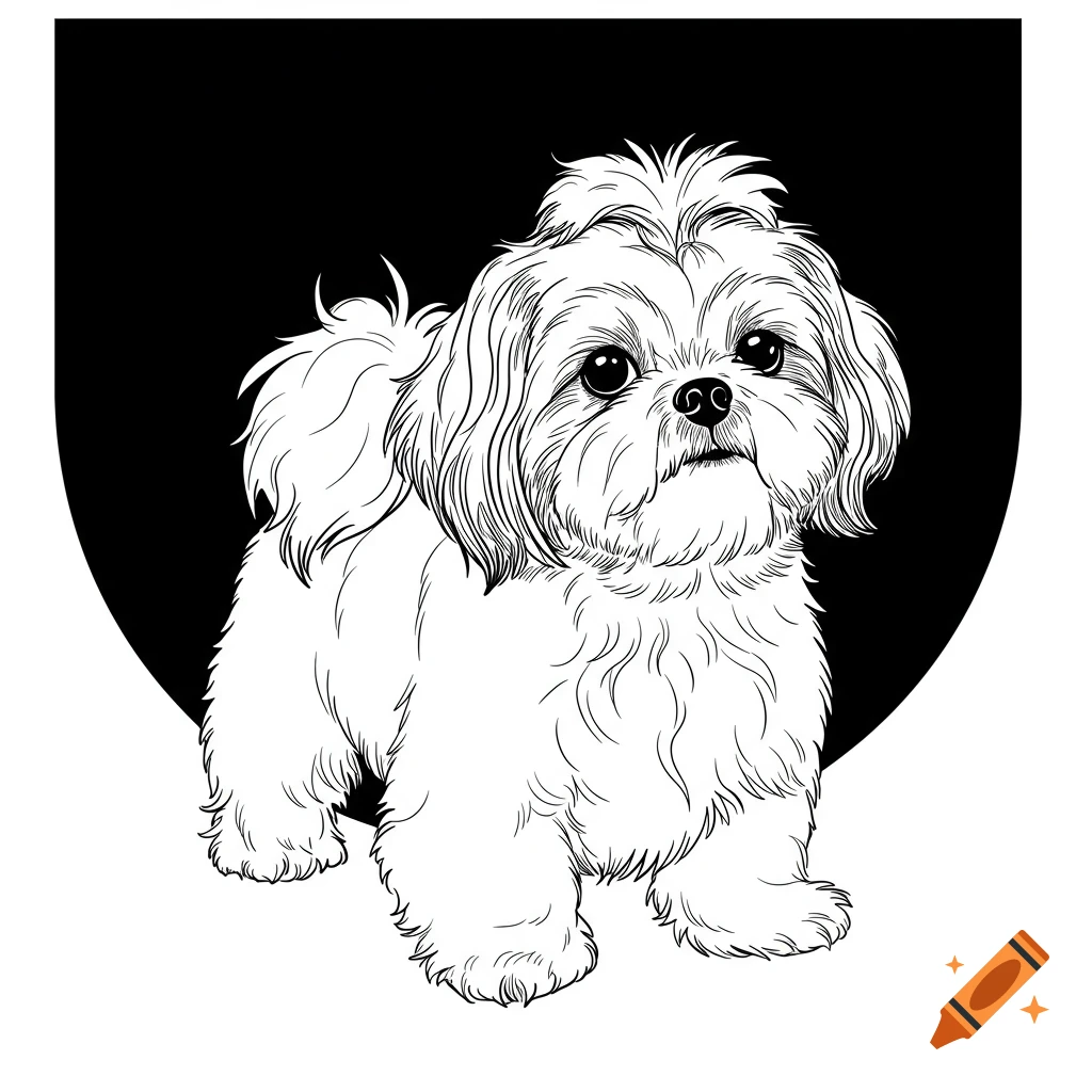 Black and white outline illustration of a fluffy Shih Tzu dog.