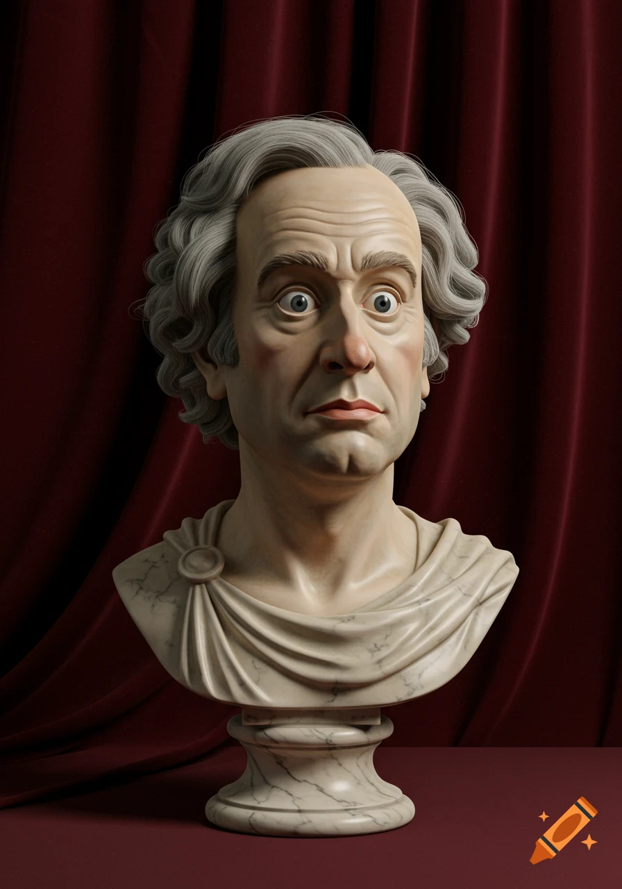 A Roman-style marble bust of a man with gray curly hair and wide, surprised eyes, against a deep red velvet background.