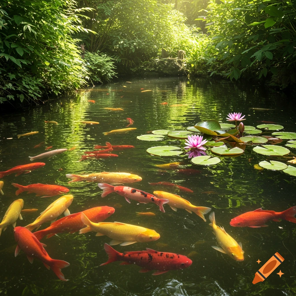 Colorful koi fish swim in a lush green pond with pink water lilies, bathed in bright sunlight.