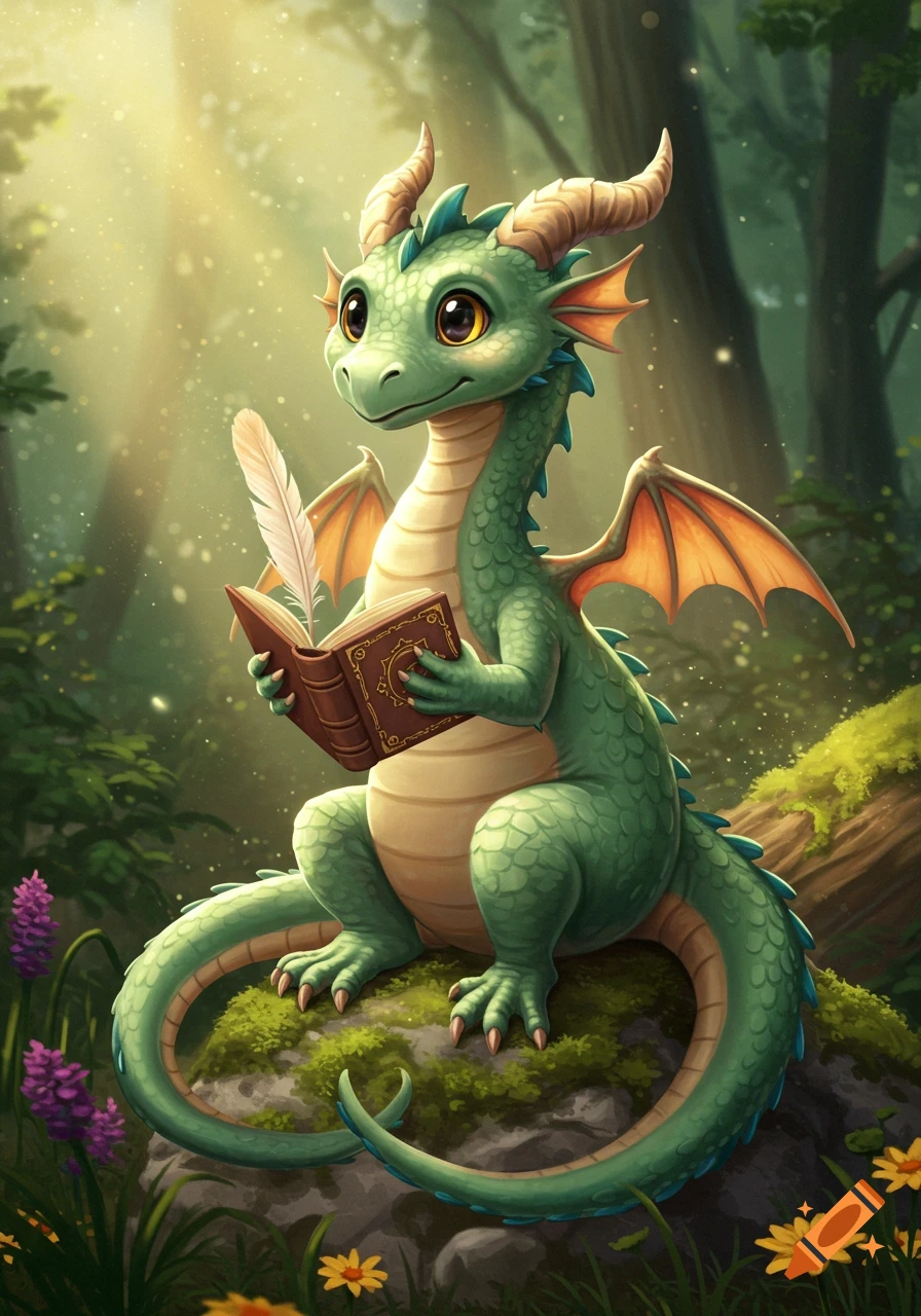 A cute green dragon sits in a sunlit forest, holding an open book and a quill. Illustration.