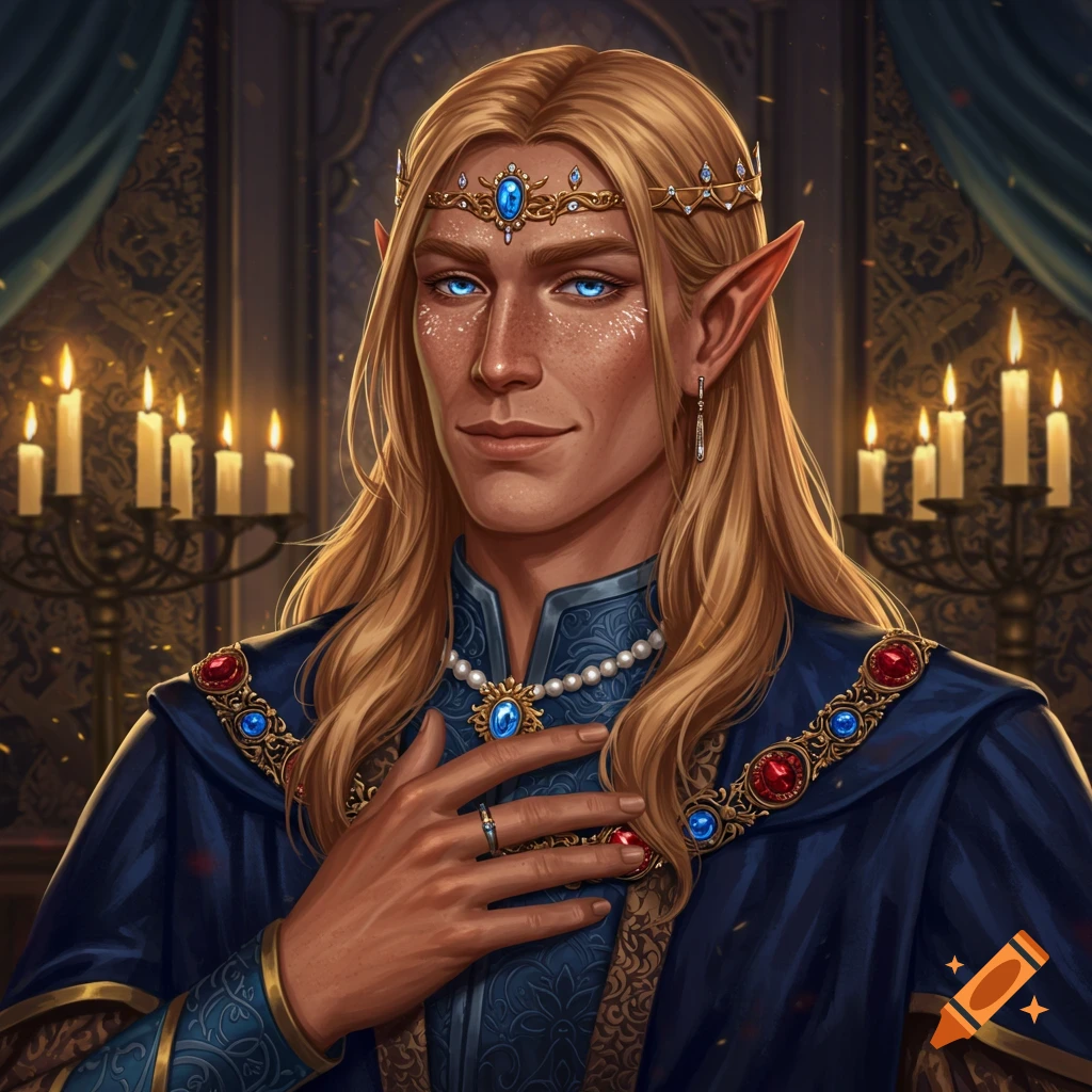 A regal elf man with long blonde hair, blue eyes, tanned skin, elf ears, wearing a gold crown and blue cloak, digital painting.