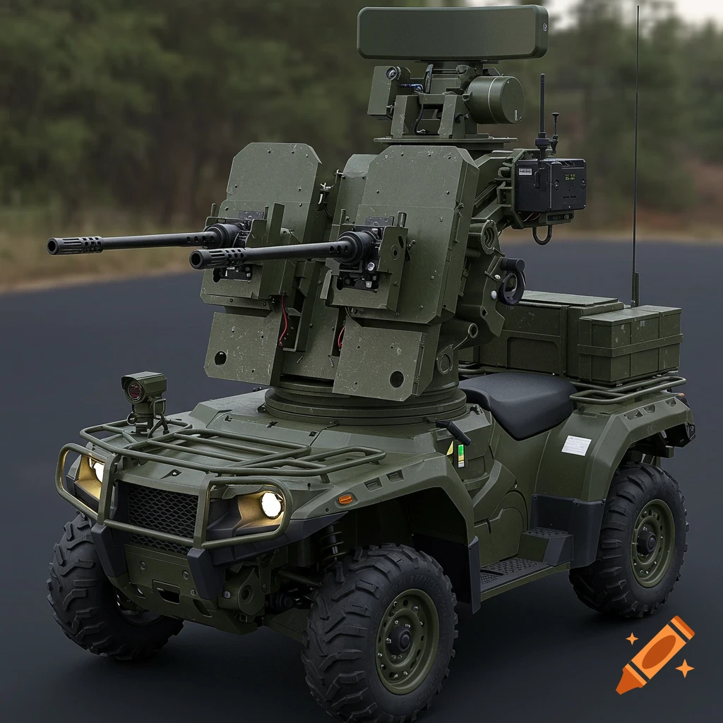Photorealistic olive green hi-tech army ATV equipped with dual anti-aircraft guns, an optic camera, and a radar dish, on a road with a blurred forest background.