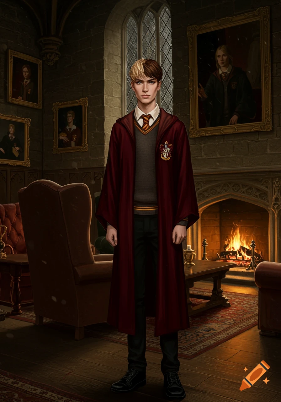 A boy with blonde and brown hair wears a Gryffindor robe in a dimly lit common room with a fireplace and portraits.