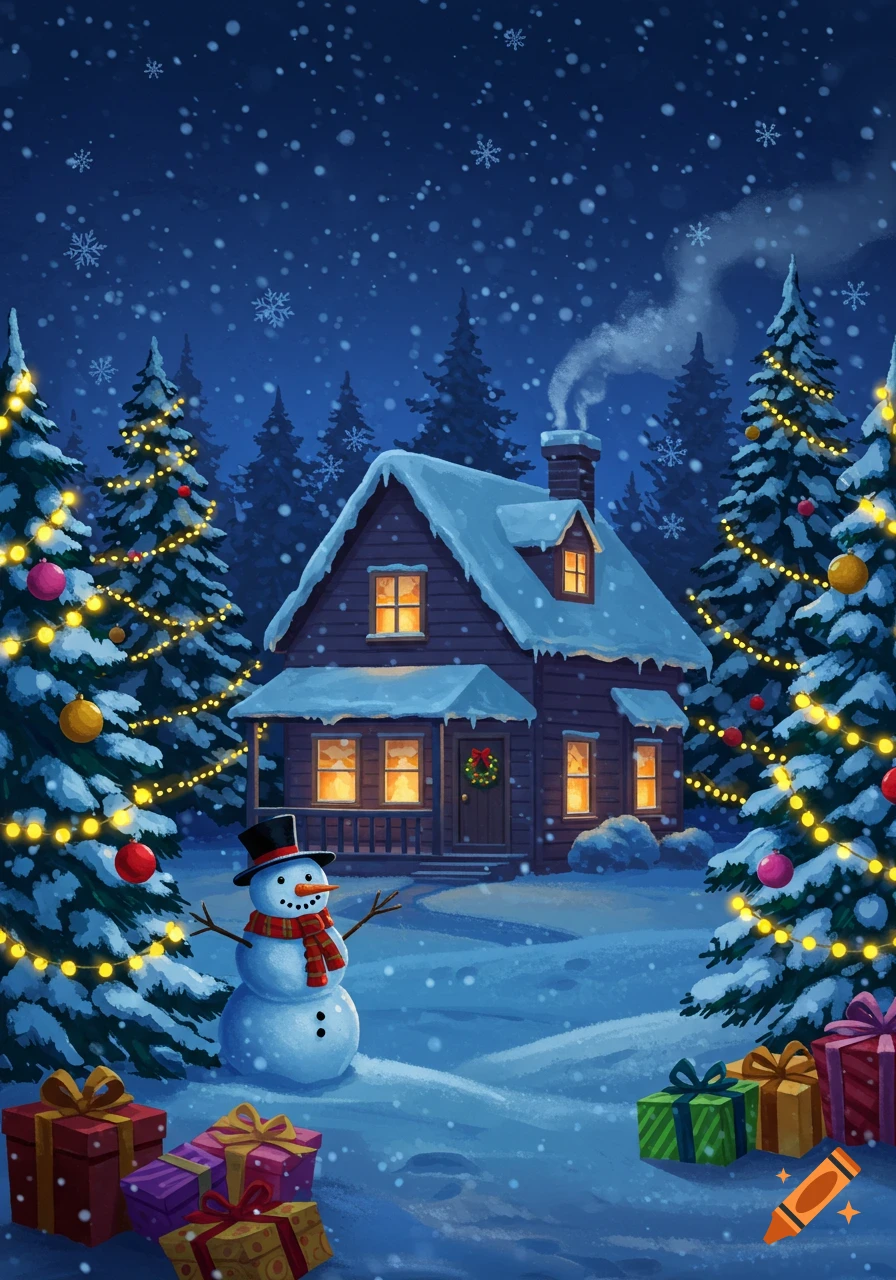 A cozy snowy Christmas scene with a decorated cabin, glowing windows, festive trees, a snowman, and wrapped gifts at night. Illustrated style.