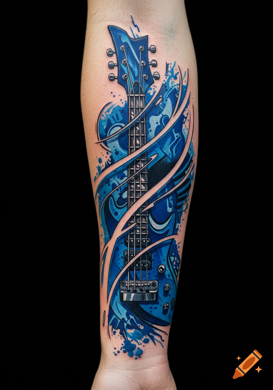 A vibrant blue electric guitar fretboard tattoo with abstract splashes in trash polka style on a person's forearm.