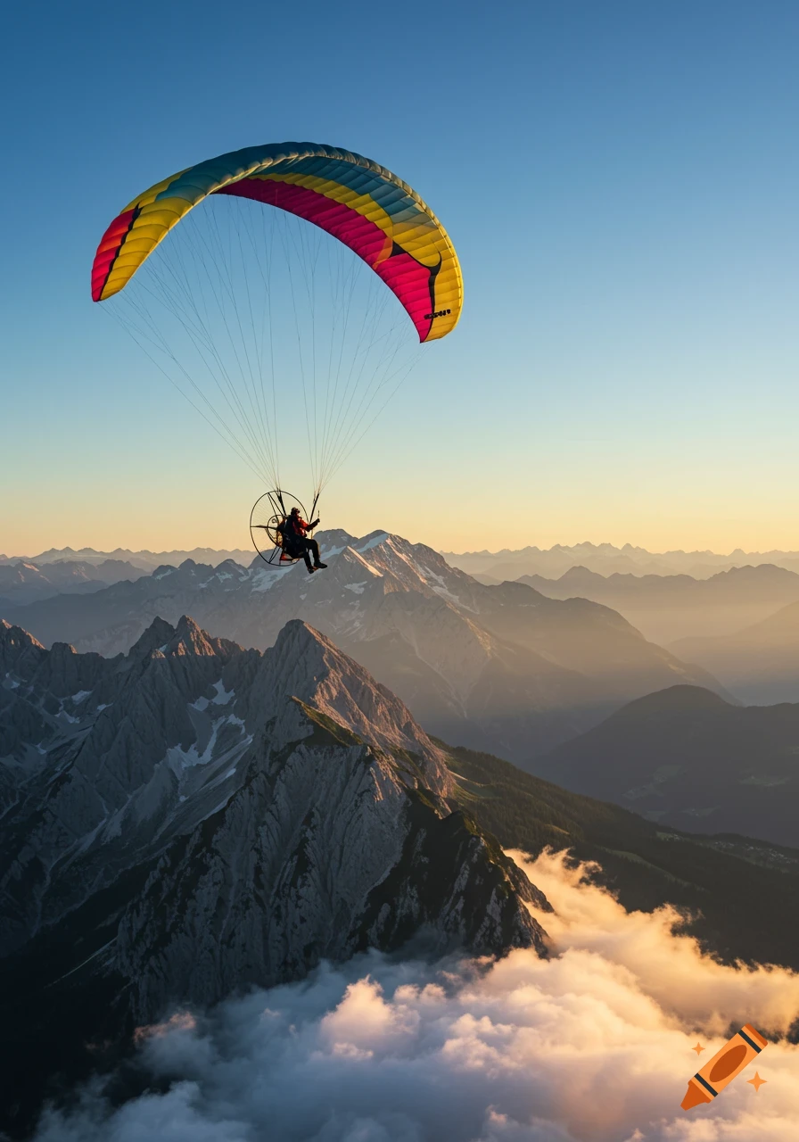 Paramotor pilot soaring high above jagged, snow-capped mountains and soft clouds during sunset.