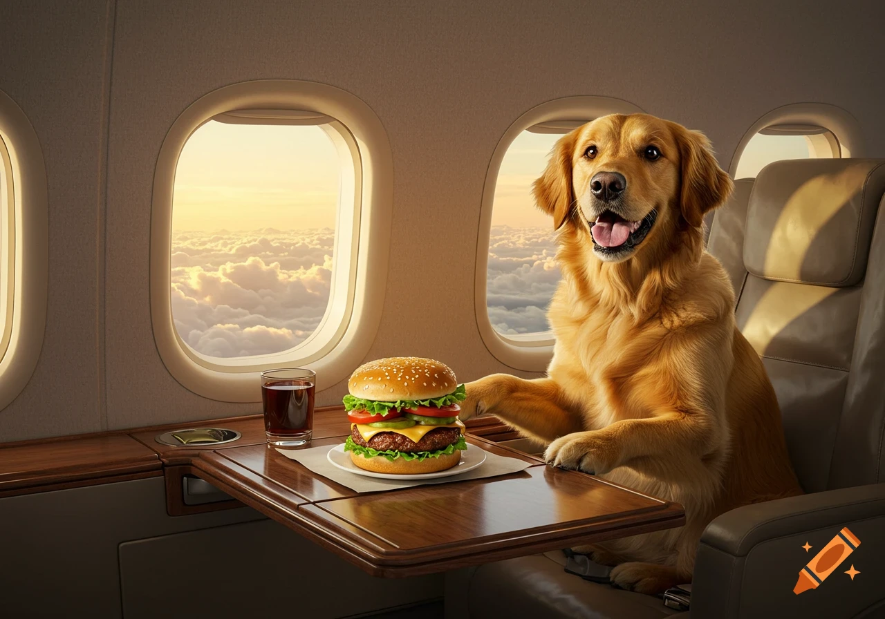 A golden retriever sitting in a plane seat with a large burger and a drink on the tray table, looking out at clouds during sunset.