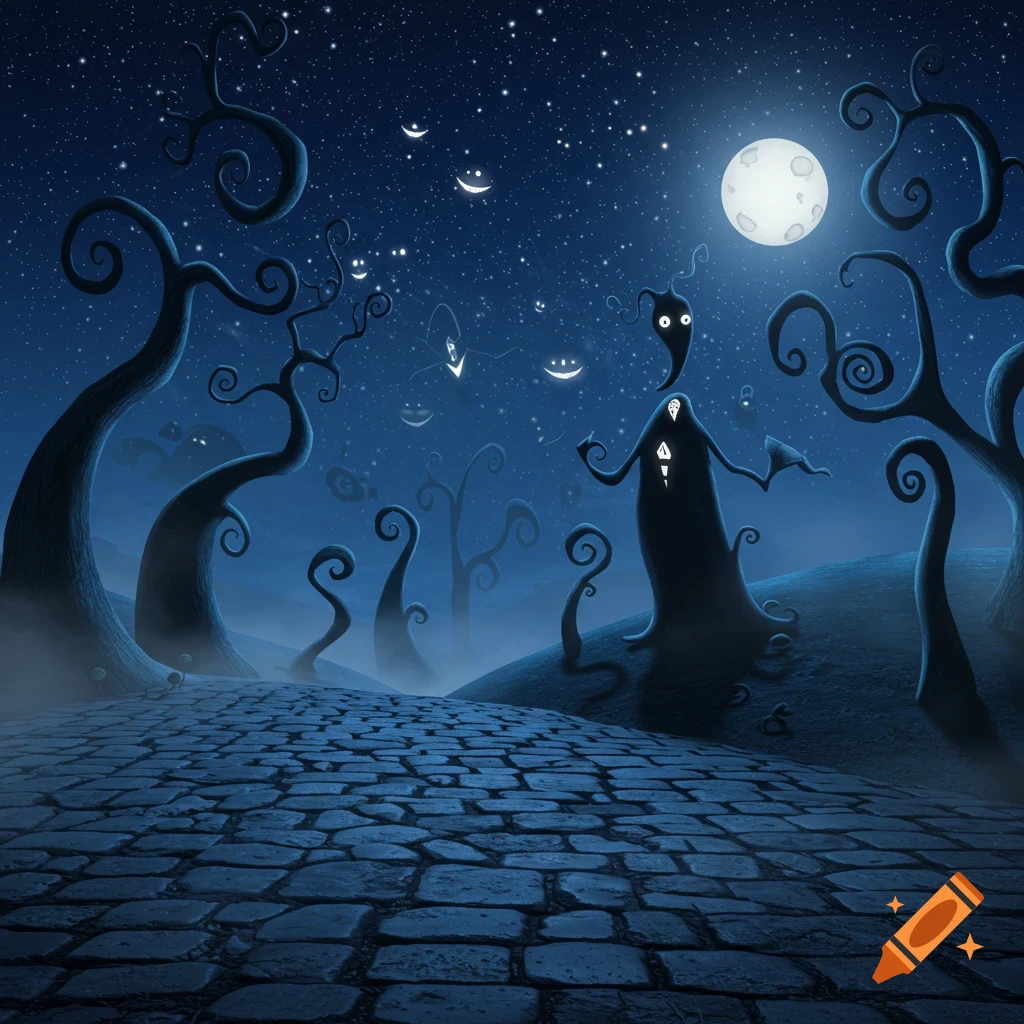 Tim Burton-style illustration of a dark, starry night with twisted trees, a cobblestone path, a full moon, and whimsical, glowing-eyed creatures.