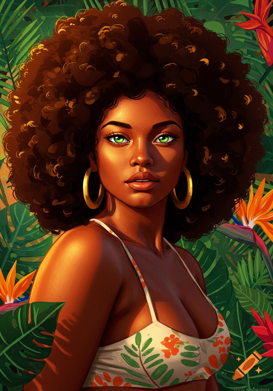 Vibrant digital illustration of a dark-skinned woman with bushy afro hair and green eyes in a floral bikini amidst tropical foliage.