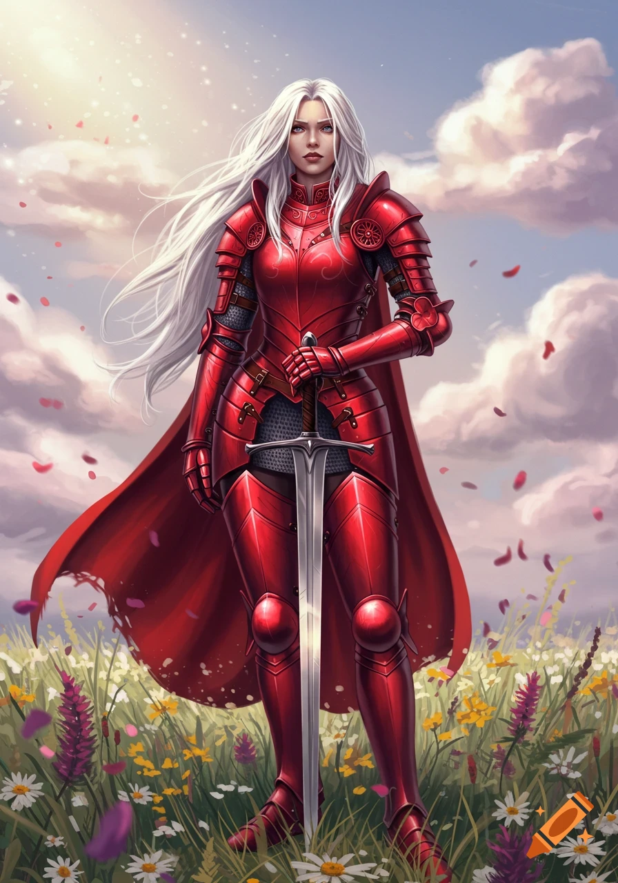 A woman in shining red armor with long silver hair stands in a field of wildflowers, holding a sword under a cloudy sky.