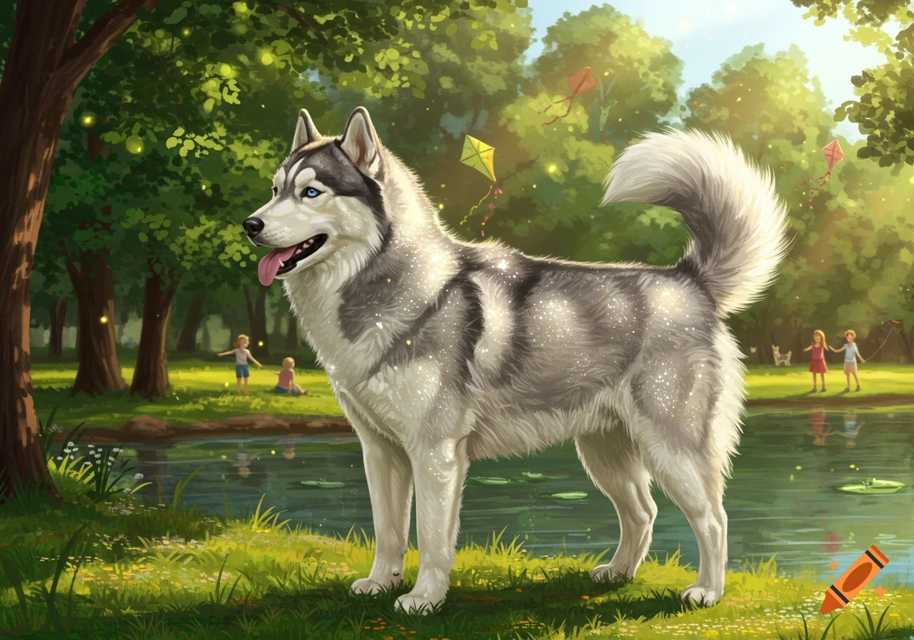 An illustrated husky dog with sparkling white and gray fur stands in a sunny park with a pond, children, and kites in the background.