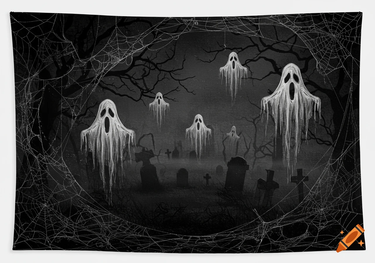A black and white spooky Halloween scene with floating ghosts, a cemetery with tombstones, and spiderwebs framing the dark trees.