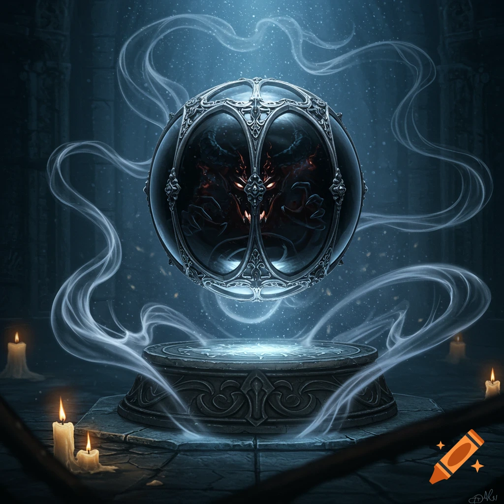 A glowing demonic face sealed in an ornate glass orb floats above a luminous pedestal in a dark stone chamber with smoke and candles.