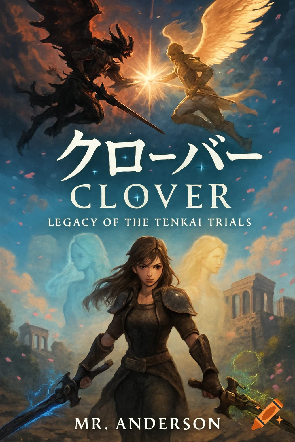 A fantasy book cover showing an armored warrior with glowing swords, a demon, an angel, and ghostly figures under a dramatic sky. Text reads 'クローバー CLOVER LEGACY OF THE TENKAI TRIALS MR. ANDERSON'.