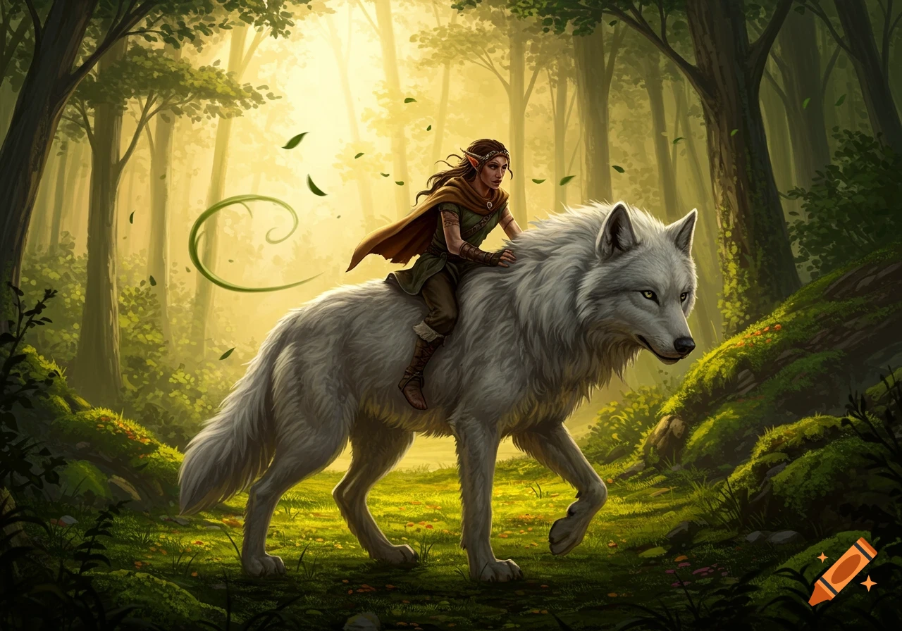 A fantasy digital painting depicts an elf riding a majestic white wolf through a vibrant, sunlit forest with glowing light.