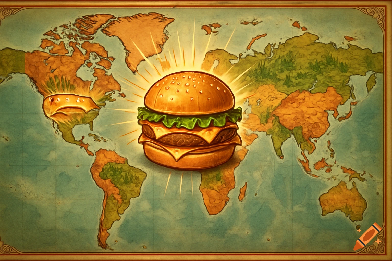 Stylized illustration of a glowing hamburger over a vintage world map, with a smaller bun on North America.