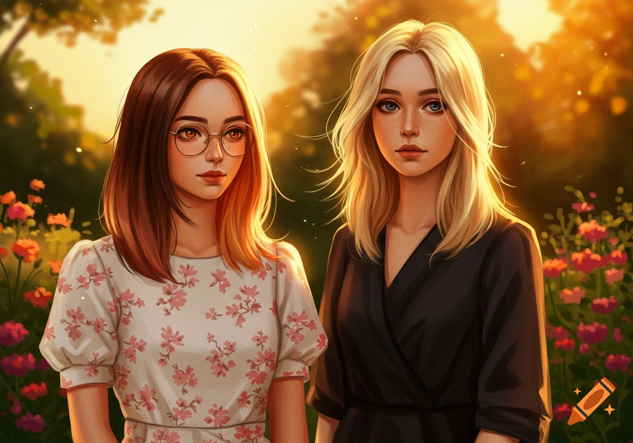Digital painting of two women in a garden at sunset. One wears glasses and a floral dress, the other a black dress.