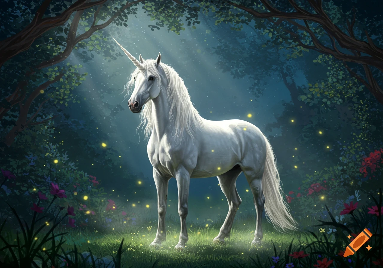 A majestic white unicorn stands gracefully in a mystical forest, bathed in sunlight with glowing fireflies and colorful flowers.