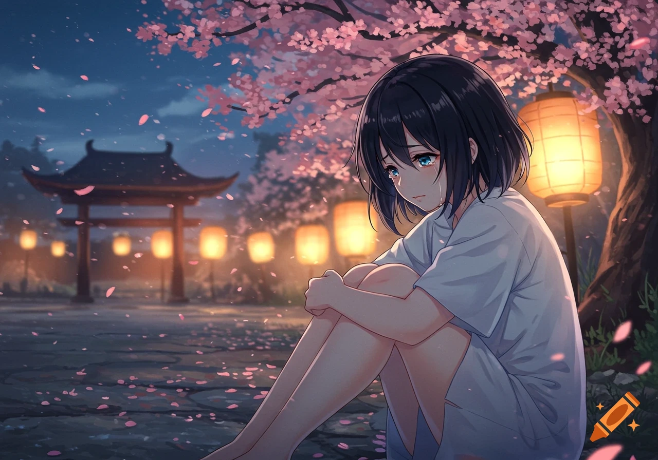 Anime girl with short dark hair sitting on the ground, crying under a cherry blossom tree at night, with lanterns and a torii gate in the background.