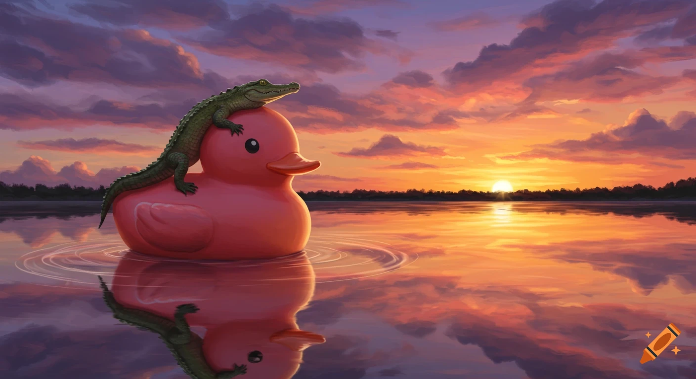 A green alligator rides a pink rubber duck on a lake at sunset with colorful clouds, digital art.