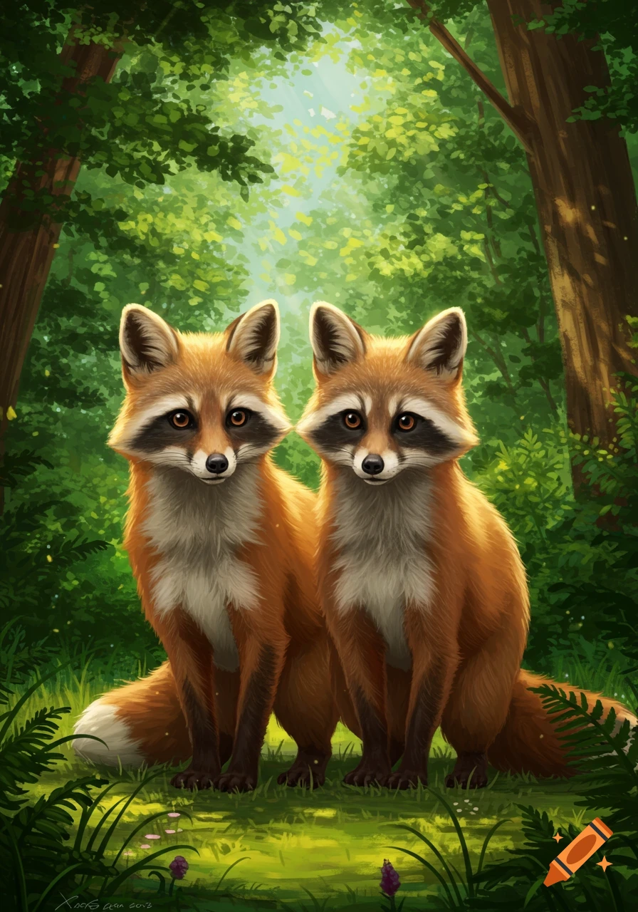Two identical fox-raccoon hybrid twins with brown eyes sit facing forward in a lush, green forest, a digital illustration.