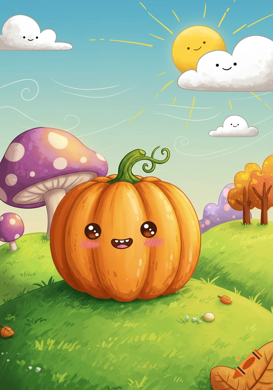 A cute, smiling cartoon pumpkin on a grassy hill with purple mushrooms, autumn trees, and smiling sun and clouds.
