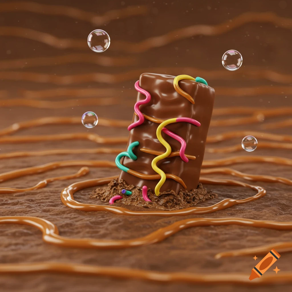 A stylized 3D render of a chocolate bar with colorful squiggles standing in a textured brown base with caramel swirls and floating bubbles.