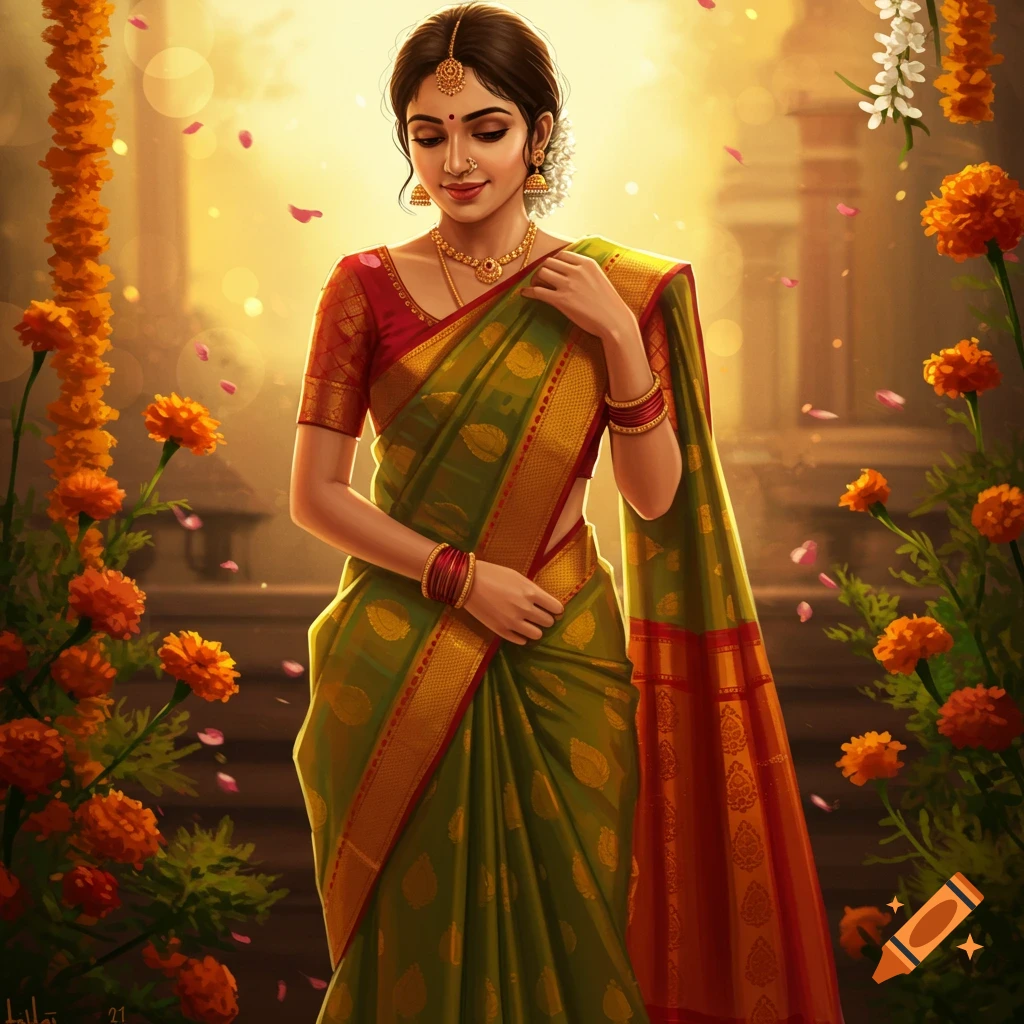 Beautiful Indian woman in a green and red saree with jewelry, standing among marigold garlands in a warm, glowing setting. Digital art.