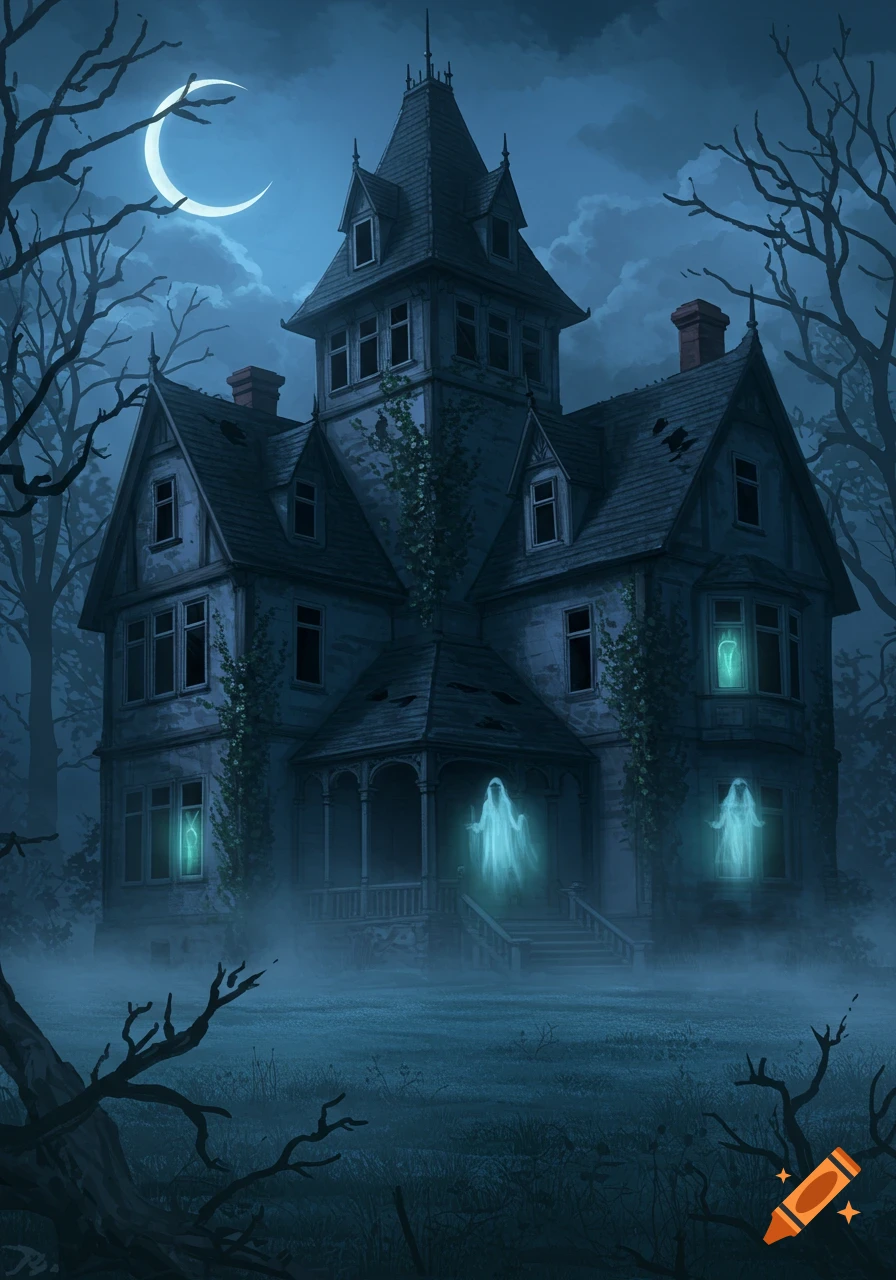 A dark illustration of a dilapidated Victorian haunted house under a crescent moon, with glowing ghosts on a foggy night.