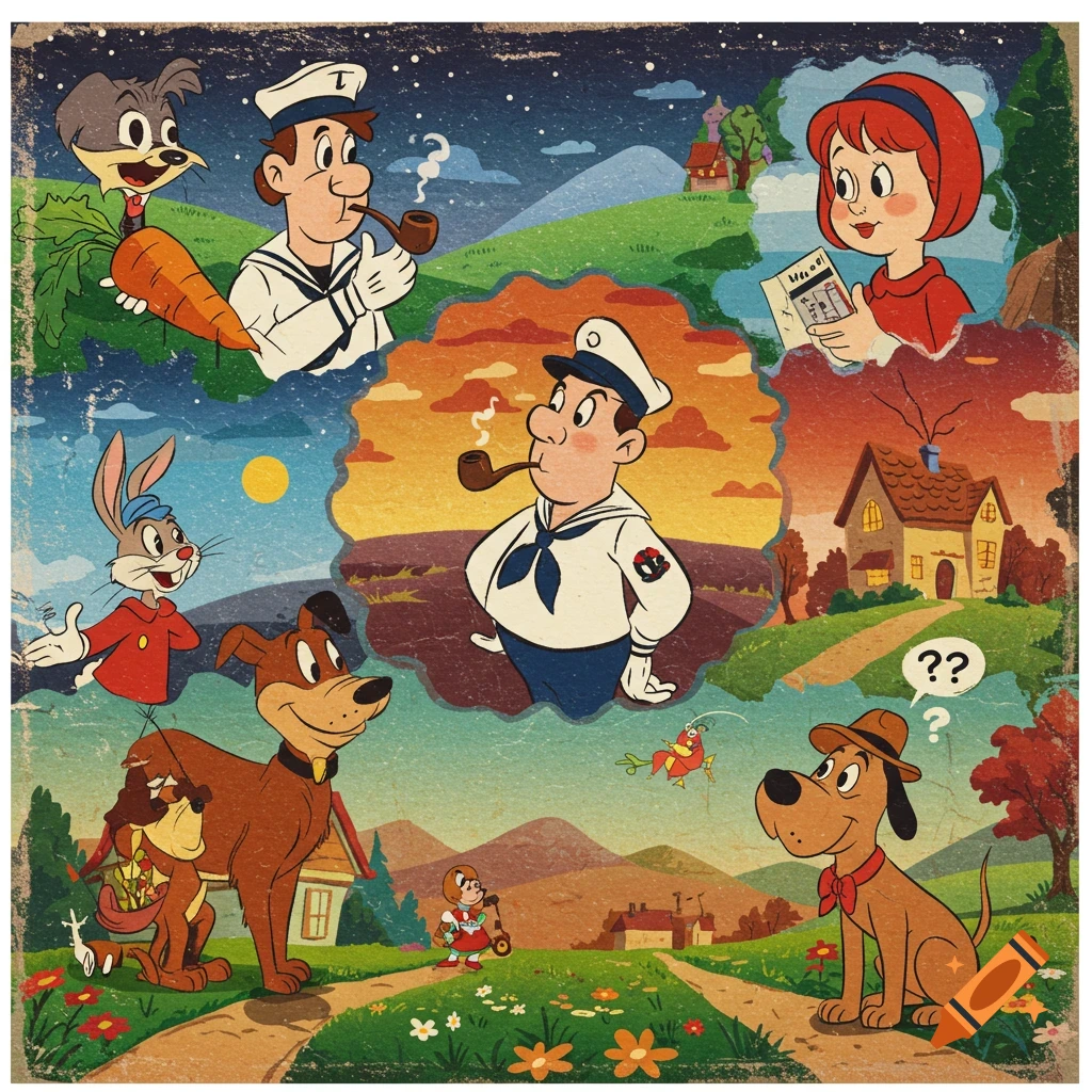 A vintage cartoon collage with multiple panels showing sailors, a rabbit, dogs, and a girl in a whimsical rural landscape.