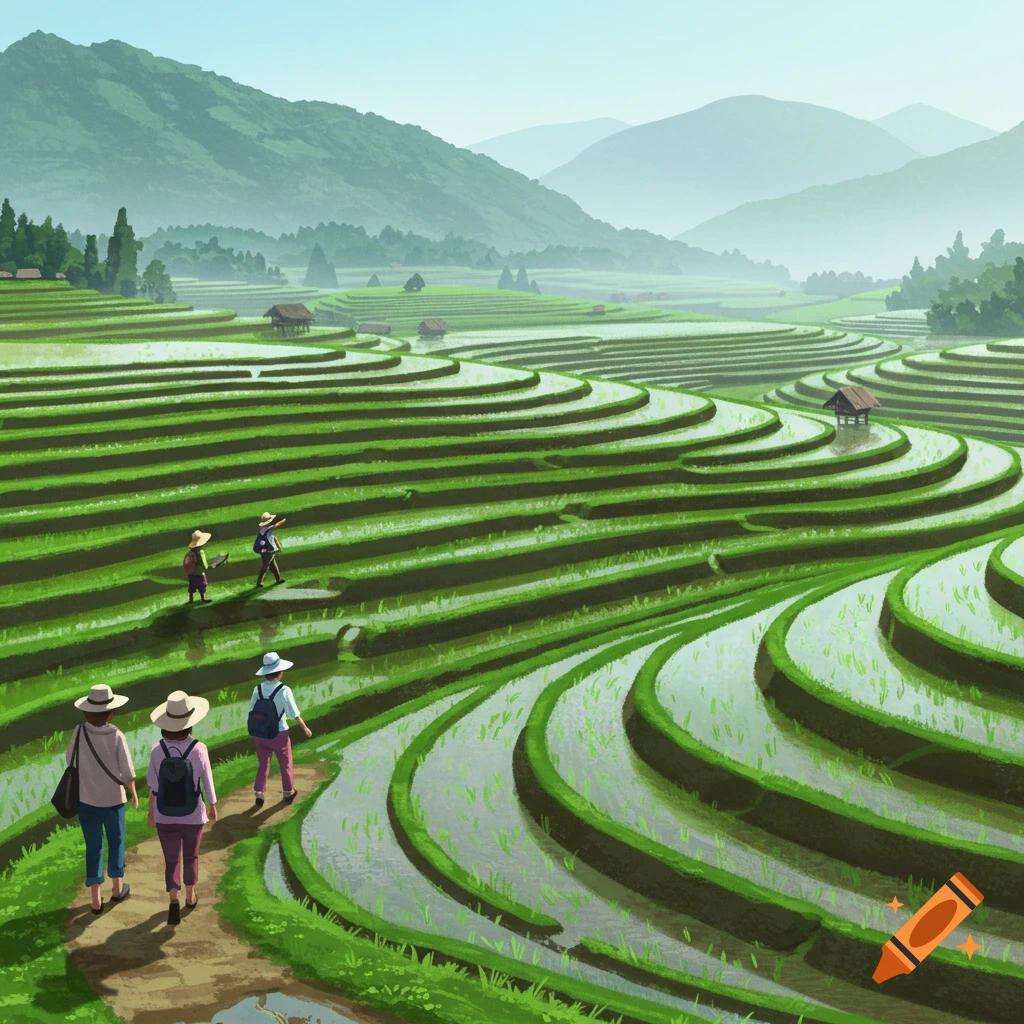 A group of people hike along a path winding through lush, green rice terraces with mountains in the background, in an illustrative style.