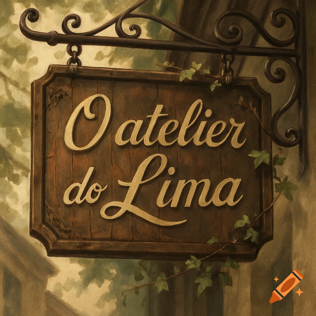 A vintage wooden shop sign with gold lettering 'O atelier do Lima' hangs from a wrought iron bracket, adorned with ivy.