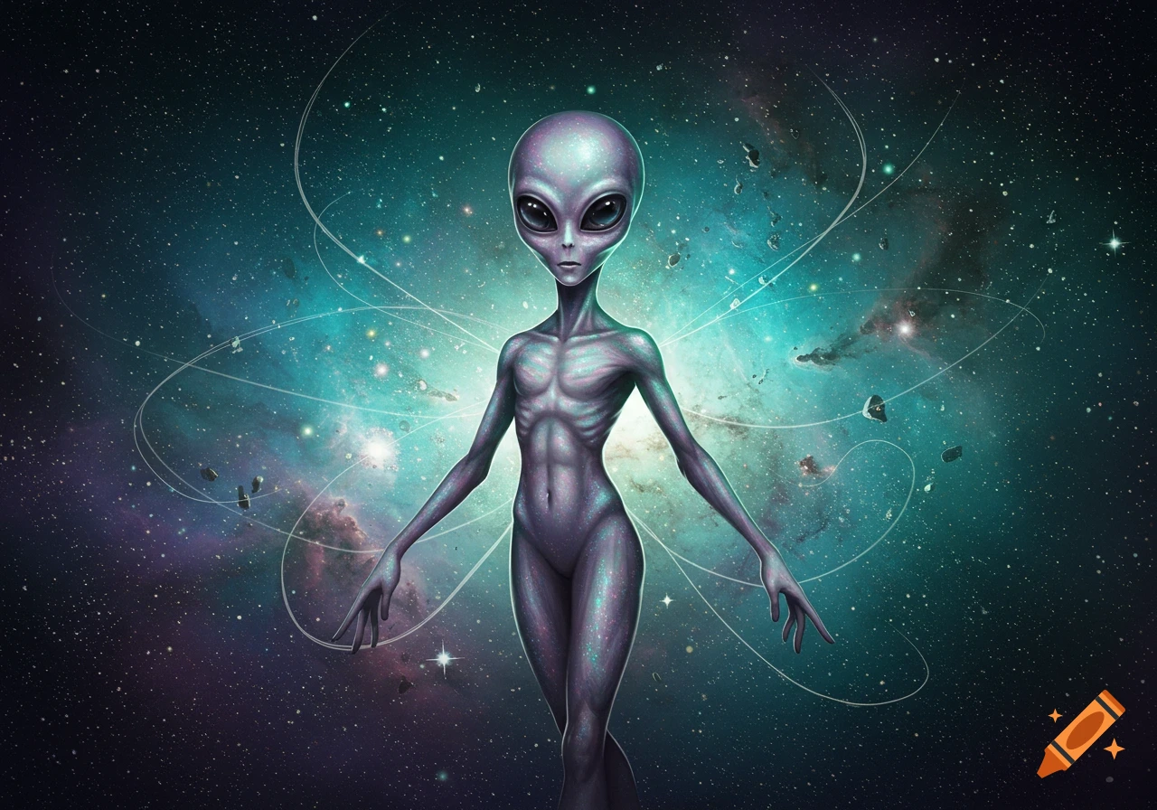 A slender grey alien with large dark eyes stands against a vibrant cosmic background with stars, nebulae, and asteroids.