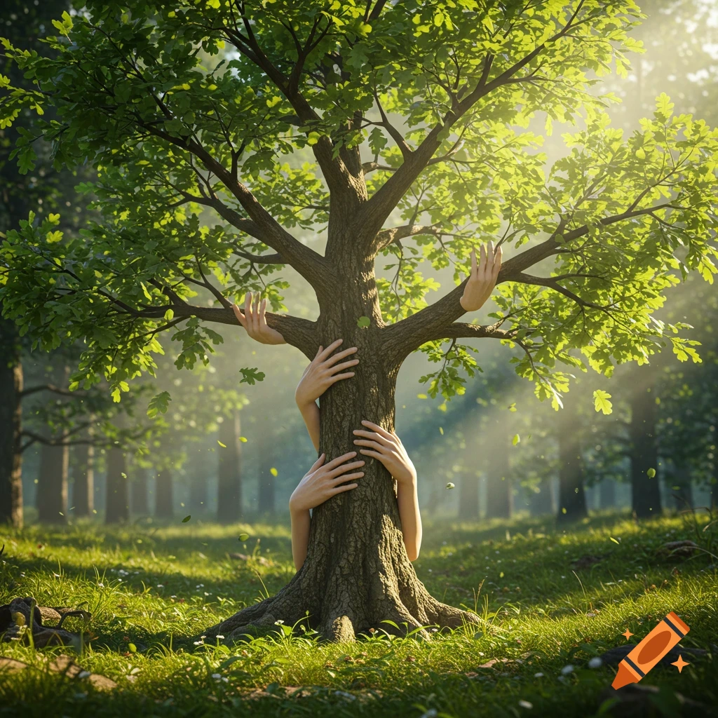 Multiple human hands emerge from and embrace a tree trunk in a sunlit forest, creating a surreal effect.
