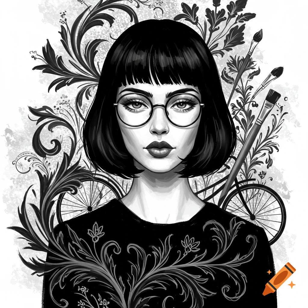 Stylized black-and-white portrait of a woman with short dark hair and glasses, surrounded by botanical patterns, paintbrushes, and bicycle wheels.