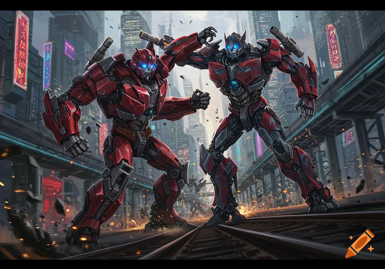 Two red and grey robots fight amidst a futuristic city with glowing signs and flying debris, in an action-packed style.