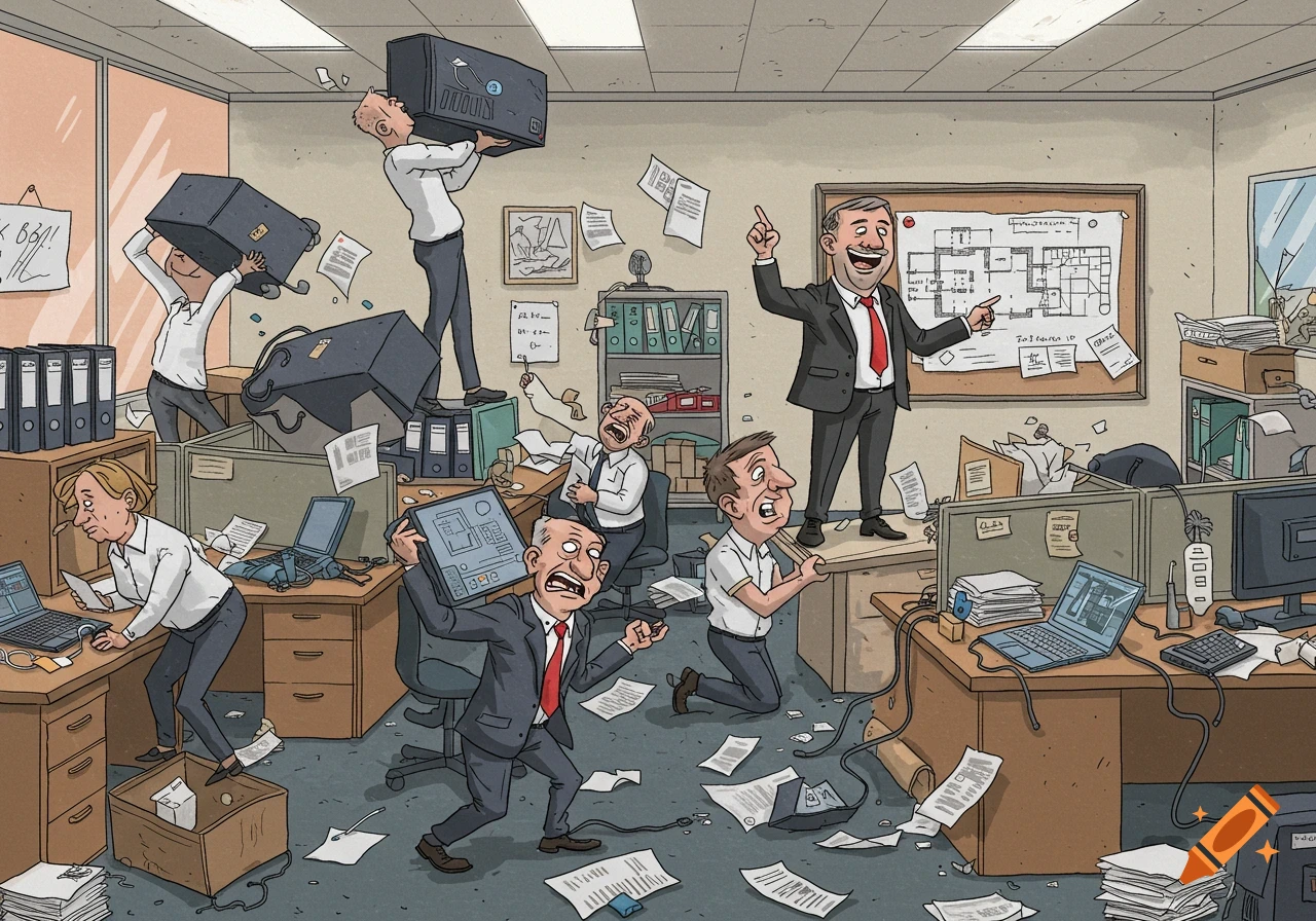 Cartoon caricature of a chaotic office scene with employees moving heavy equipment and a manager pointing at a floor plan.