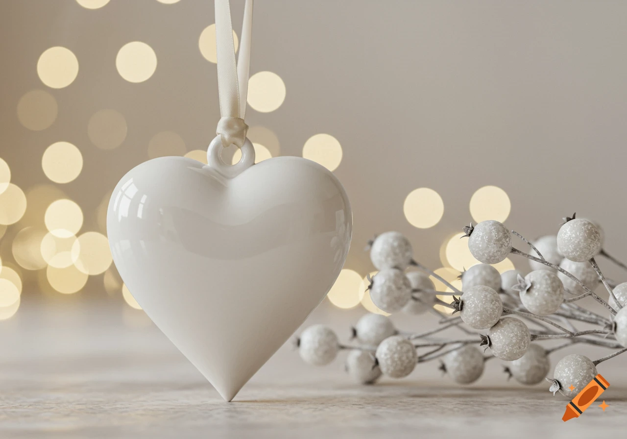 Photorealistic image of a white heart-shaped ornament hanging by a ribbon, beside frosted white berry branches with bokeh lights.