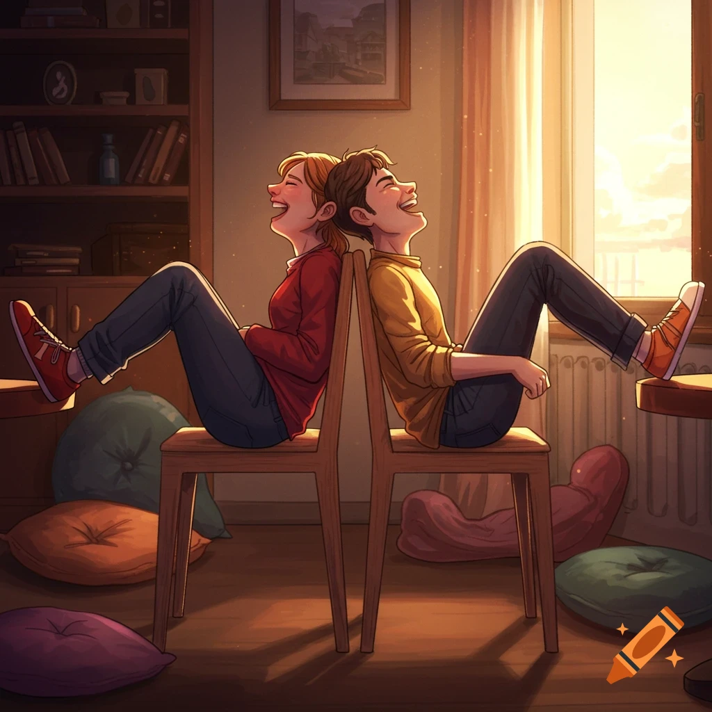 A stylized illustration of a man and a woman sitting back-to-back on chairs, laughing heartily in a cozy room.