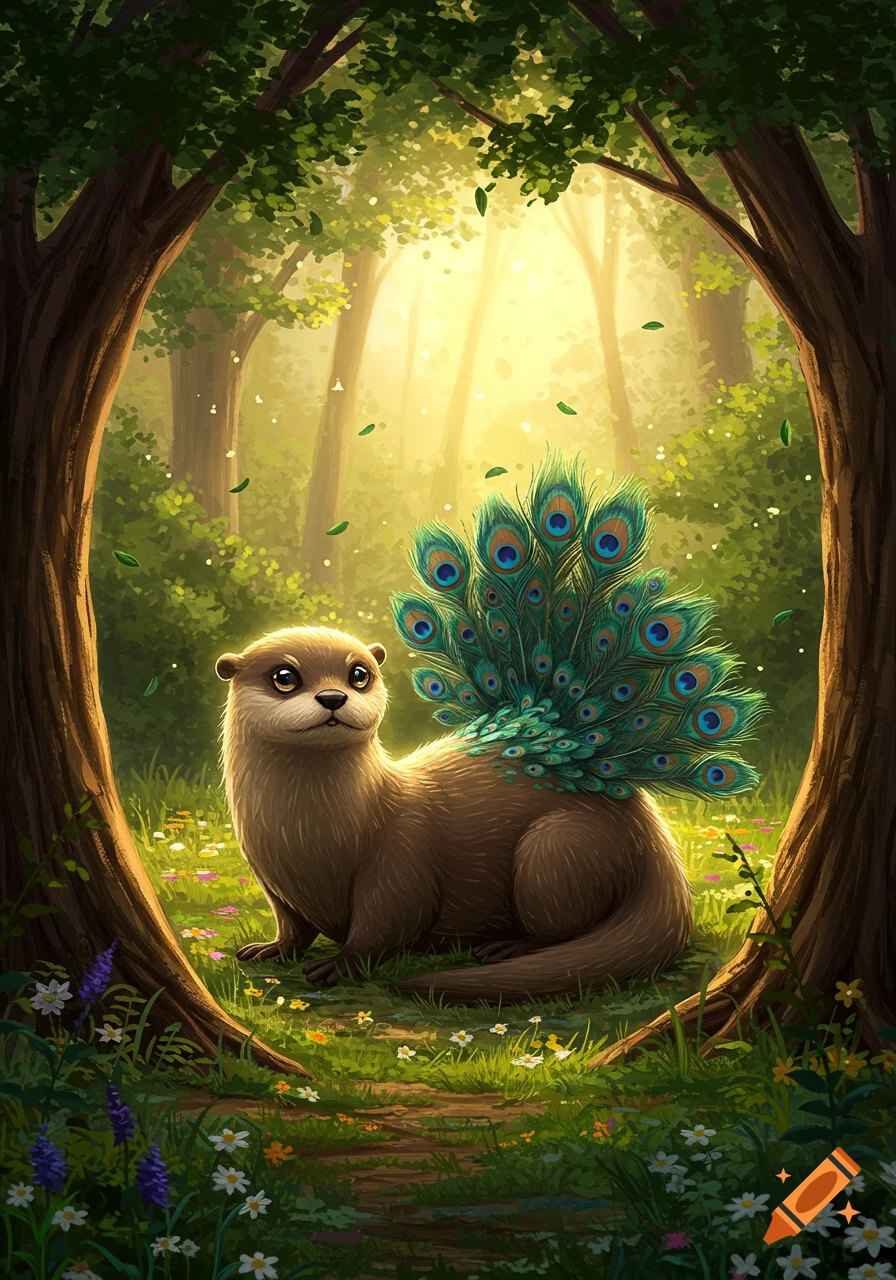 A stylized digital painting of a brown otter-like creature with vibrant peacock feathers on its back, sitting in a sunlit forest clearing.
