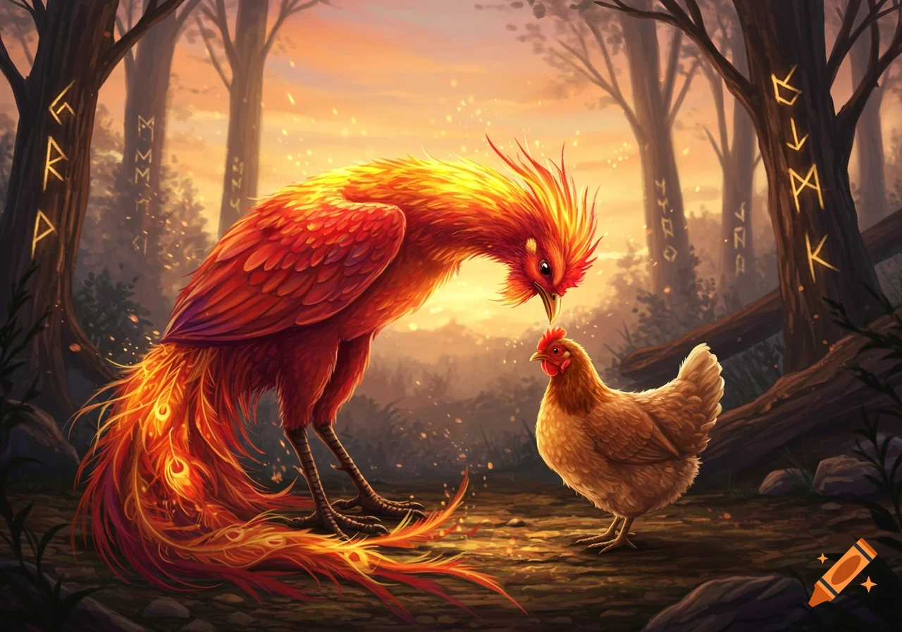 A vibrant phoenix gently interacts with a brown chicken in a glowing fantasy forest with runes, digital art style.