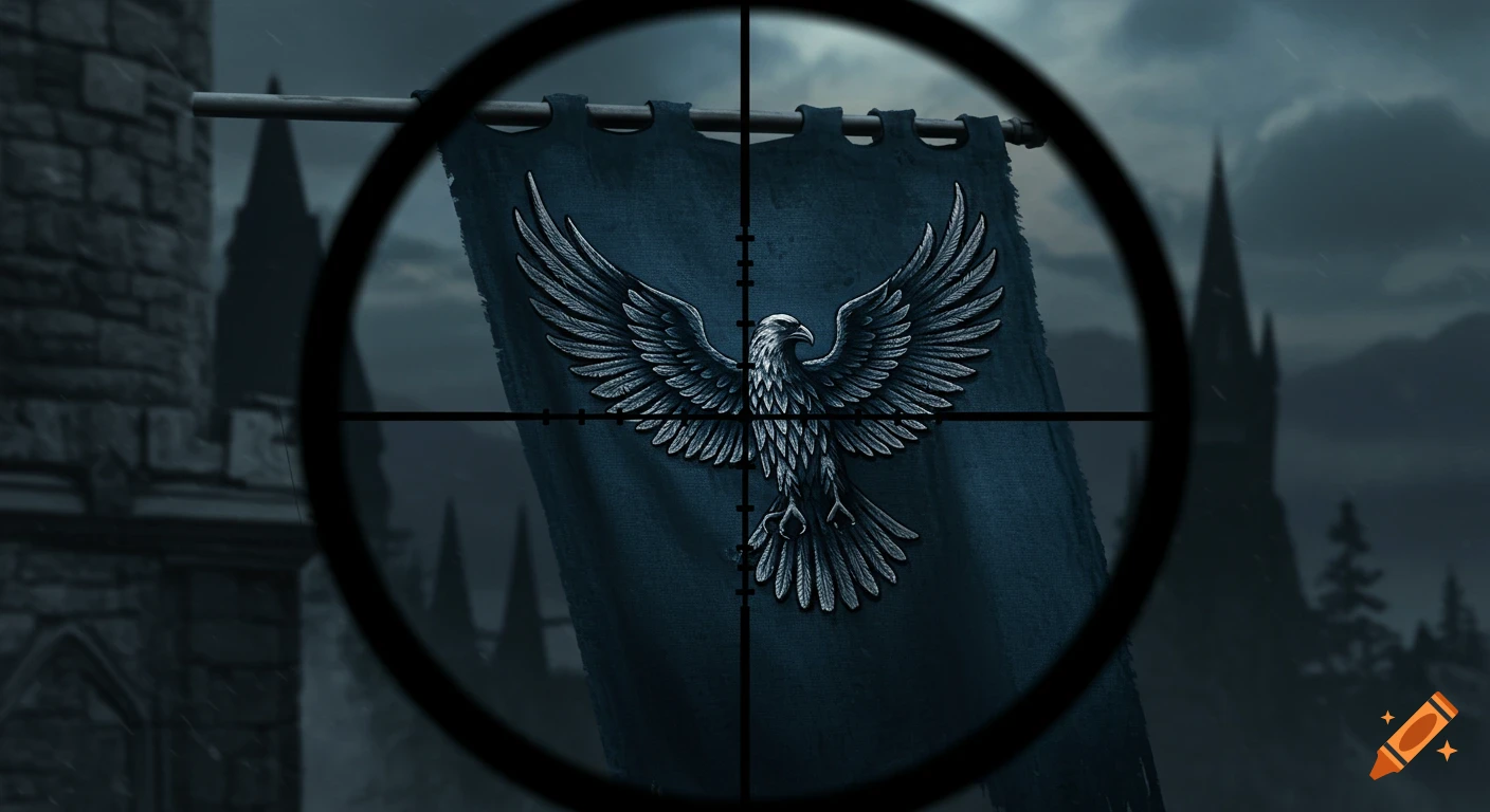 A detailed eagle emblem on a dark blue banner, viewed through a sniper scope, with a stormy castle background.